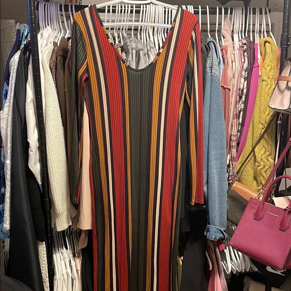 Striped Multicolor Ribbed Bodycon Dress – Size L